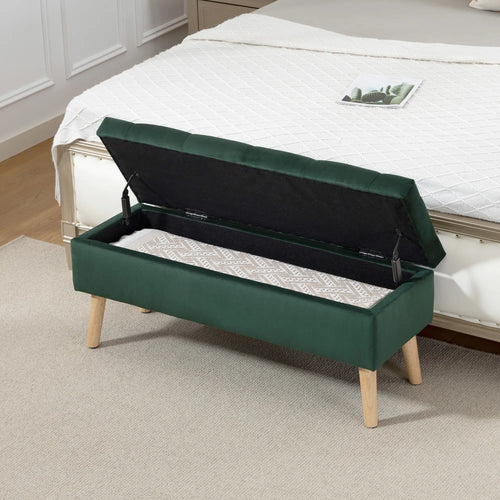 Velvet Storage Ottoman with Lid, Wood Legs, Dark Green