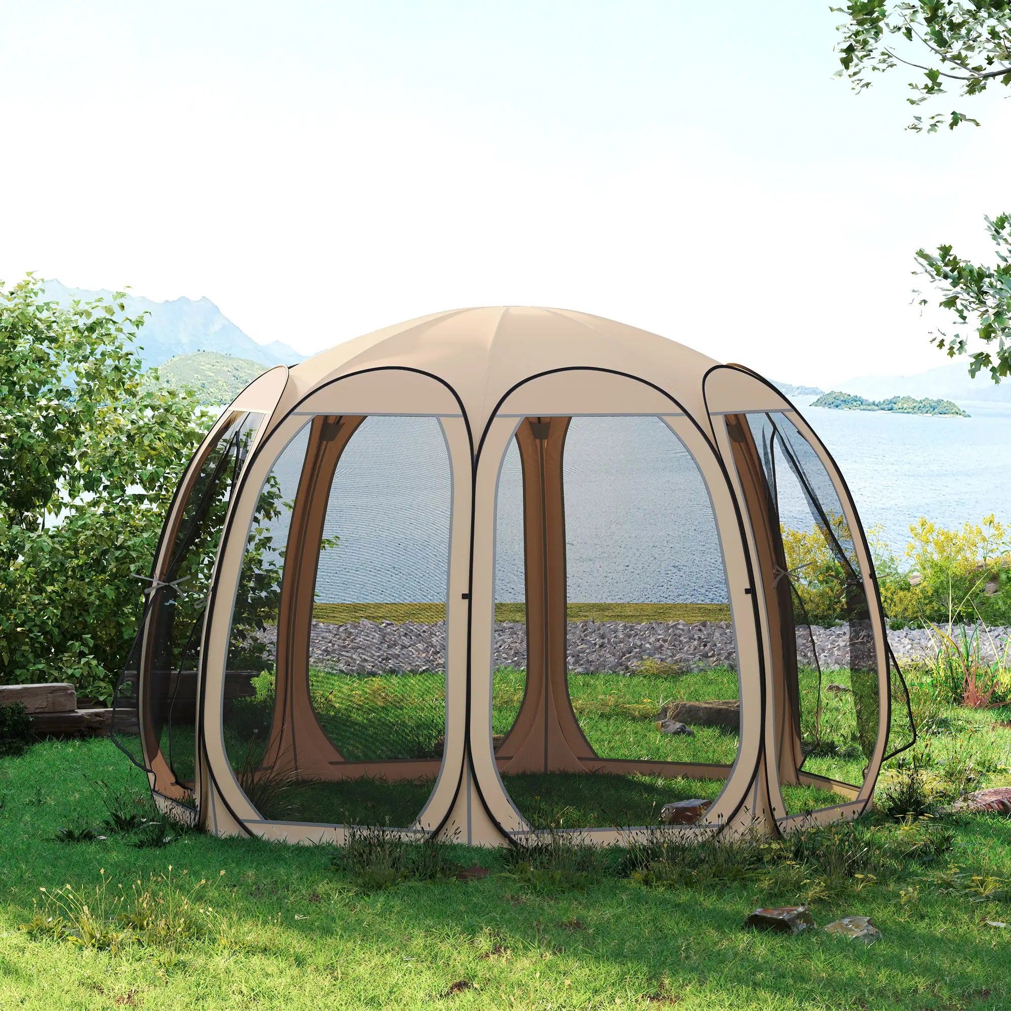 11' x 11.5' Screen Tent, Pop Up Gazebo, Portable Carry Bag, 2 Doors, Beige Camping Tents at Gallery Canada