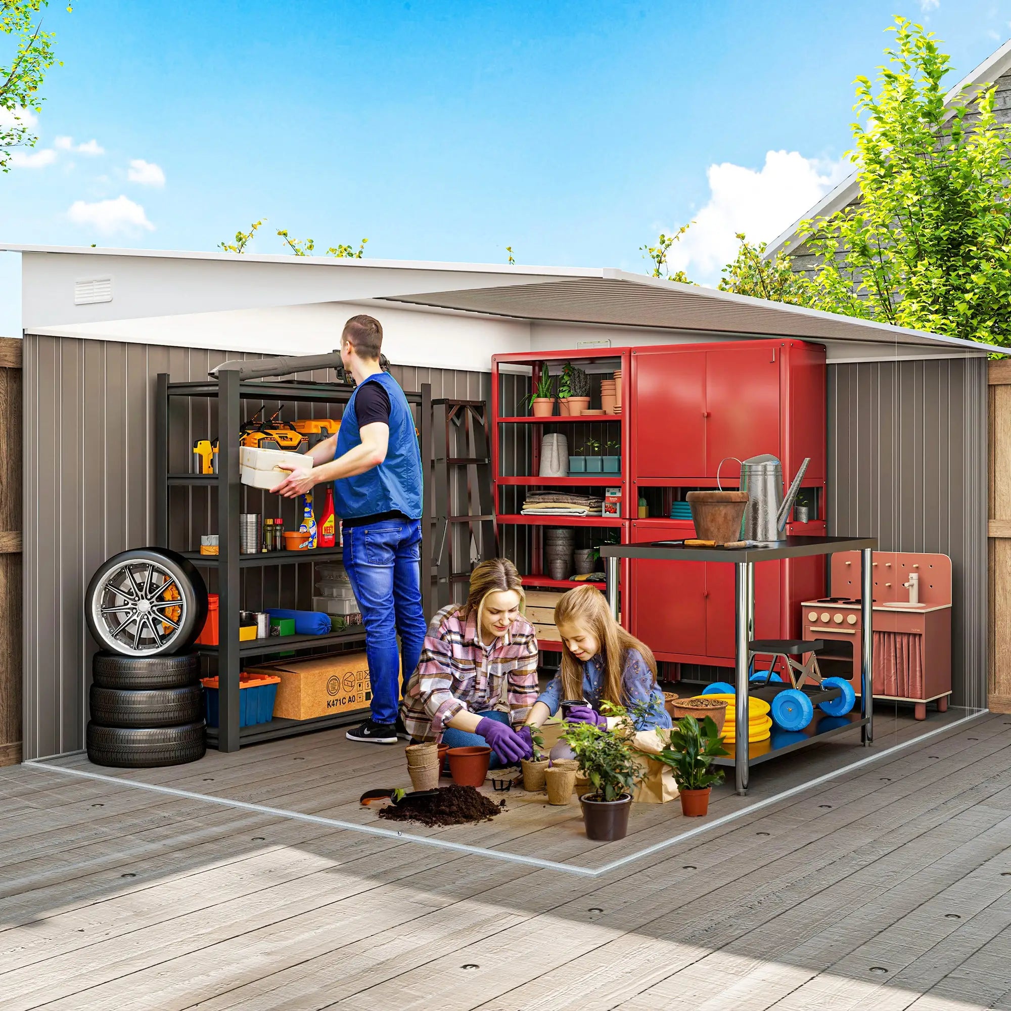 11' x 9' Steel Garden Storage Shed, Outdoor Metal Tool House, Grey Sheds at Gallery Canada
