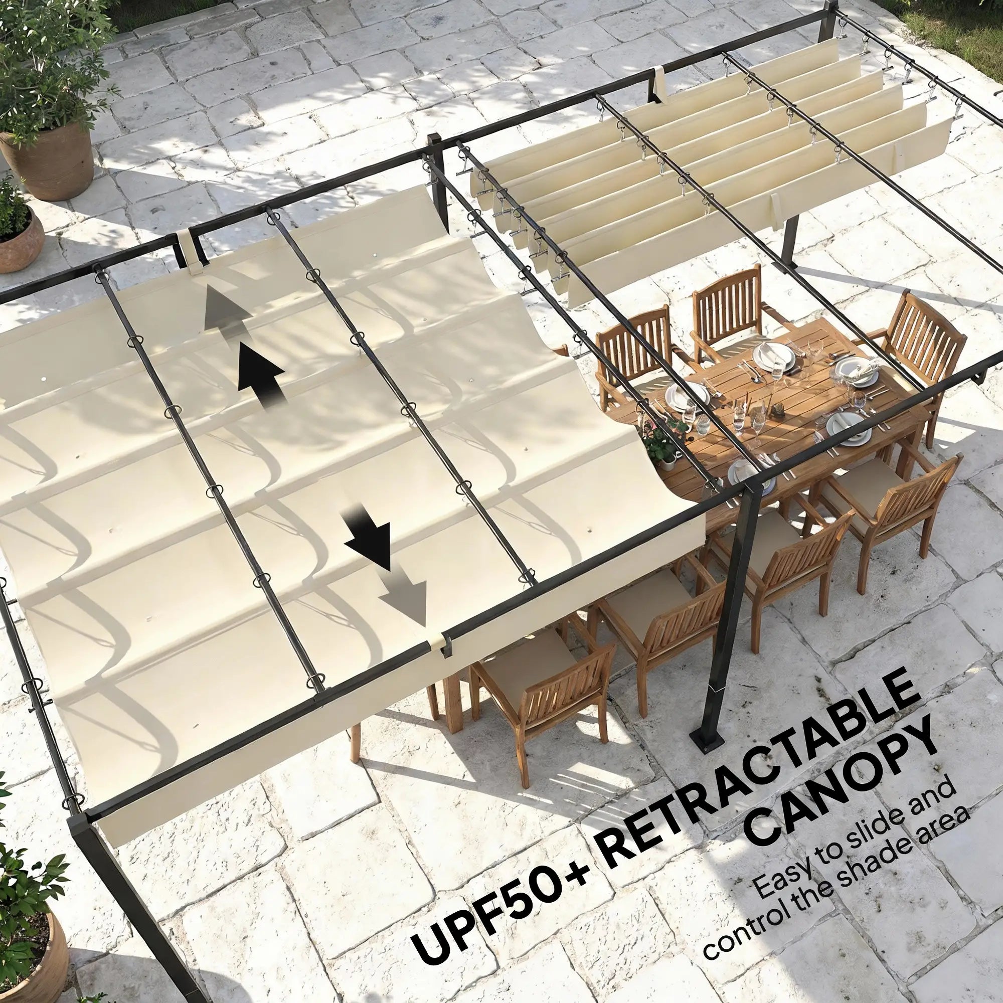 19' x 10' Pergola, Retractable Canopy, UV50+, Cream Pergolas at Gallery Canada