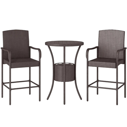 3-Piece Patio Bar Set, Rattan Bistro Table and Chairs, Dark Brown