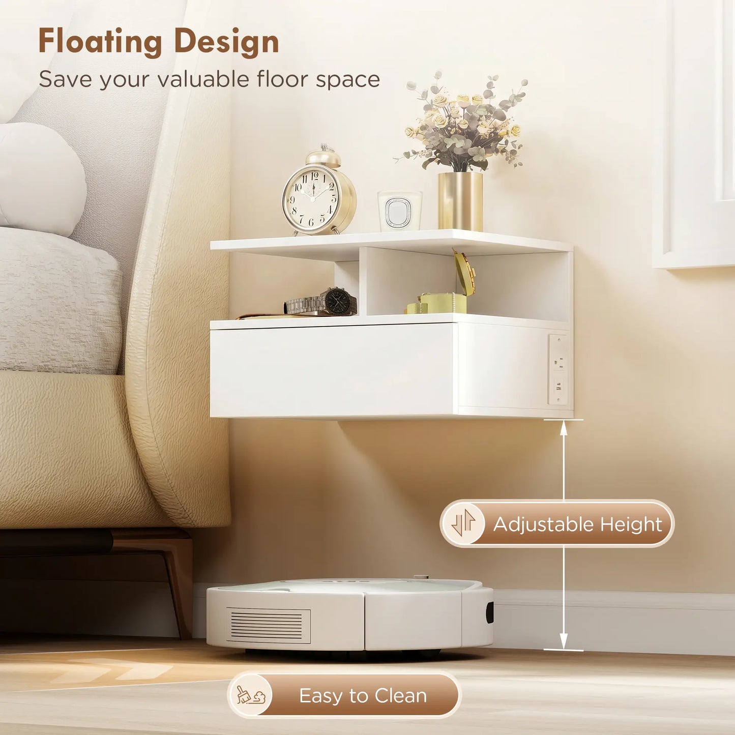 Floating Nightstand Set of 2, Wall Mounted Bedside Table with with Power Outlets, Drawer and Shelf, White
