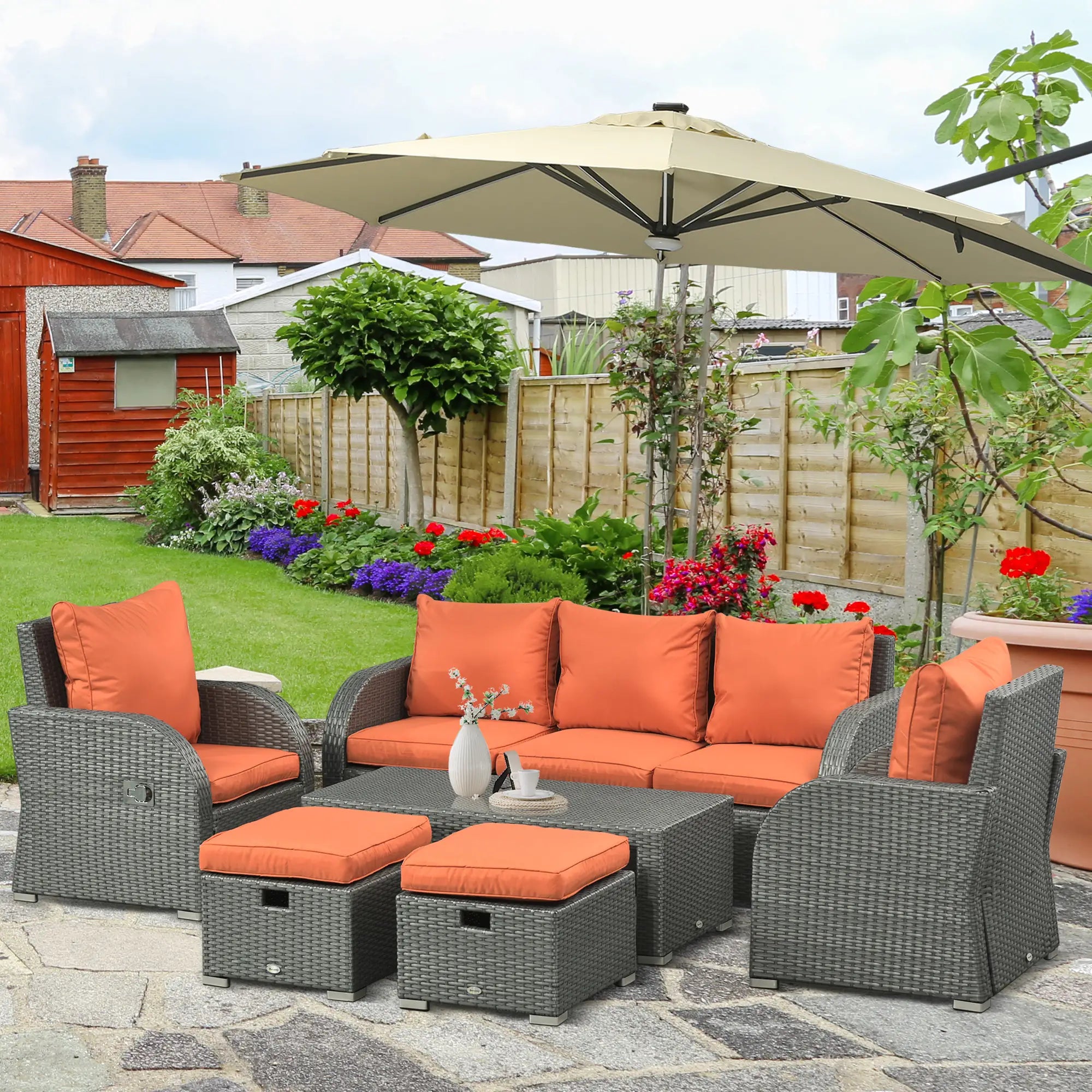 6-Piece PE Wicker Patio Sectional Set, Sofa, 2 Chairs, 2 Footstools, Table, Orange Patio Furniture Sets at Gallery Canada