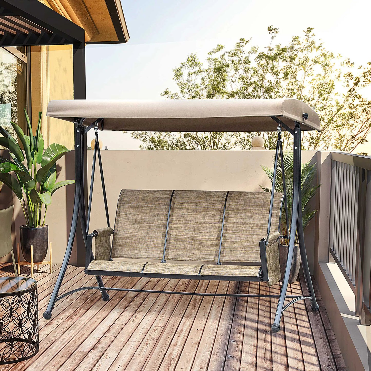 3 Person Porch Swing, High Back, Side Pouches, Adjustable Canopy, Brown Patio Swings with Stand at Gallery Canada