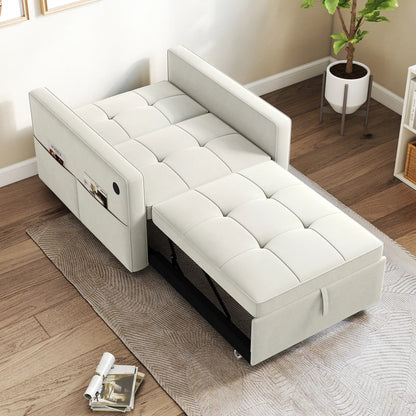 Convertible Chair Bed, Pull Out Sleeper with USB, Adjustable Backrest, Velvet Futon, Cream White Single Sofas at Gallery Canada