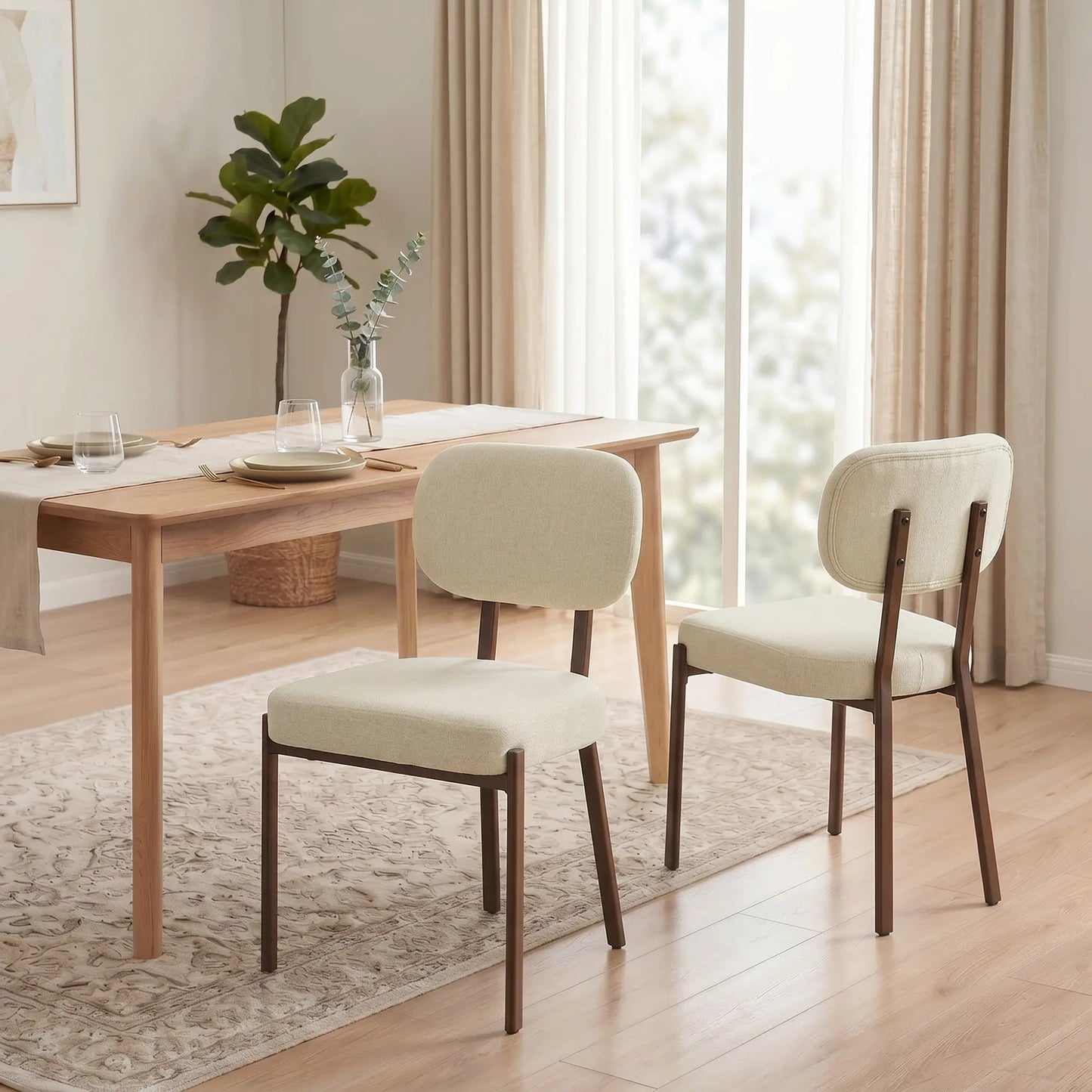 Upholstered Linen Fabric Kitchen Chairs, Modern Dining Chairs Set of 2 with Metal Legs, Beige