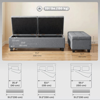 51.2" Storage Ottoman Bench, 2 Compartments, Dark Grey, Dark Grey