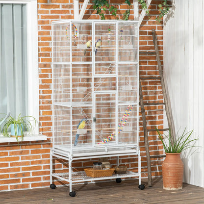 71" Bird Cage With Wheels, Perches, Ramp, Storage Shelf, Toys, White Bird Cages at Gallery Canada