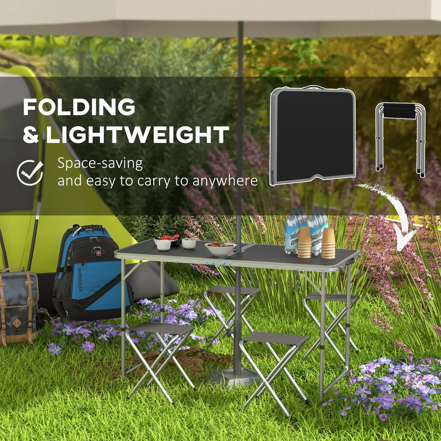 Folding Picnic Table With Chairs, 47.2" L x 23.6" W x 21.7"-27.6" H, Black Picnic Tables & Camping Chairs at Gallery Canada