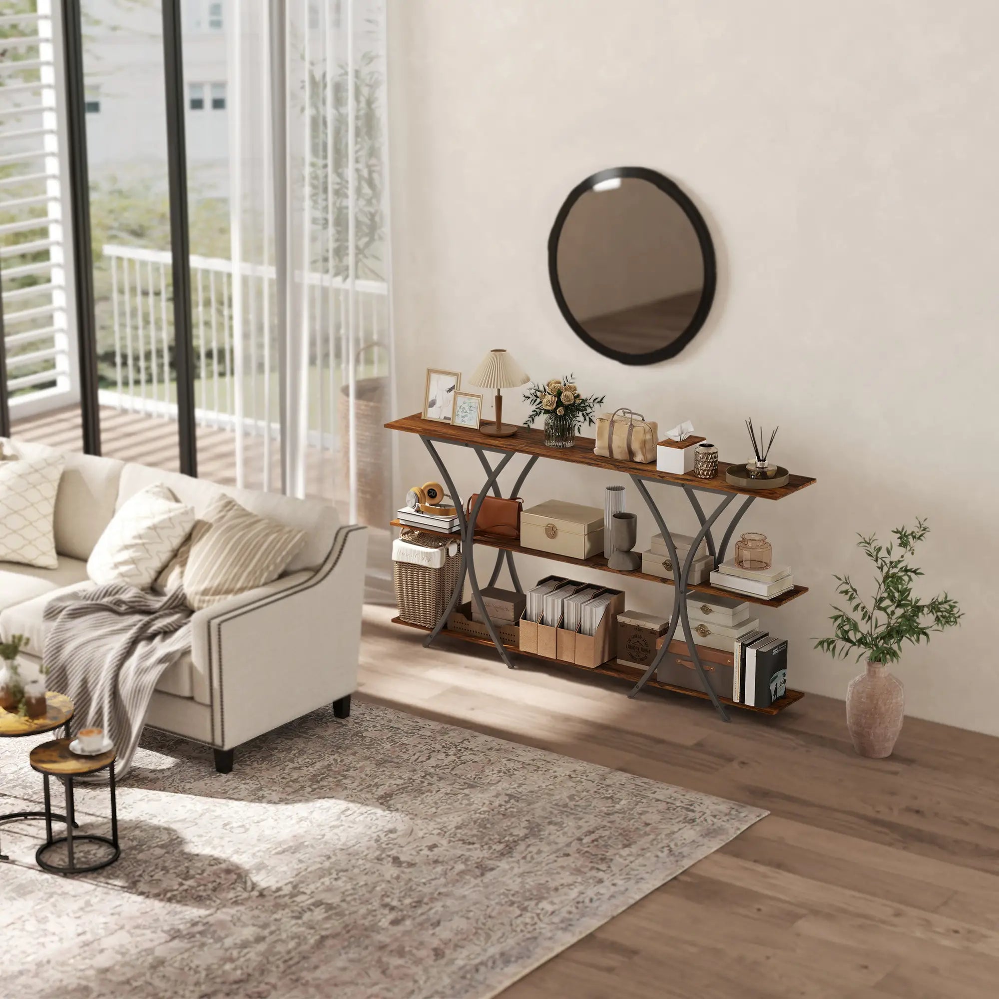 71 Inch Console Table, 3-Tier Industrial with 2 Shelves, Rustic Brown Console Tables at Gallery Canada