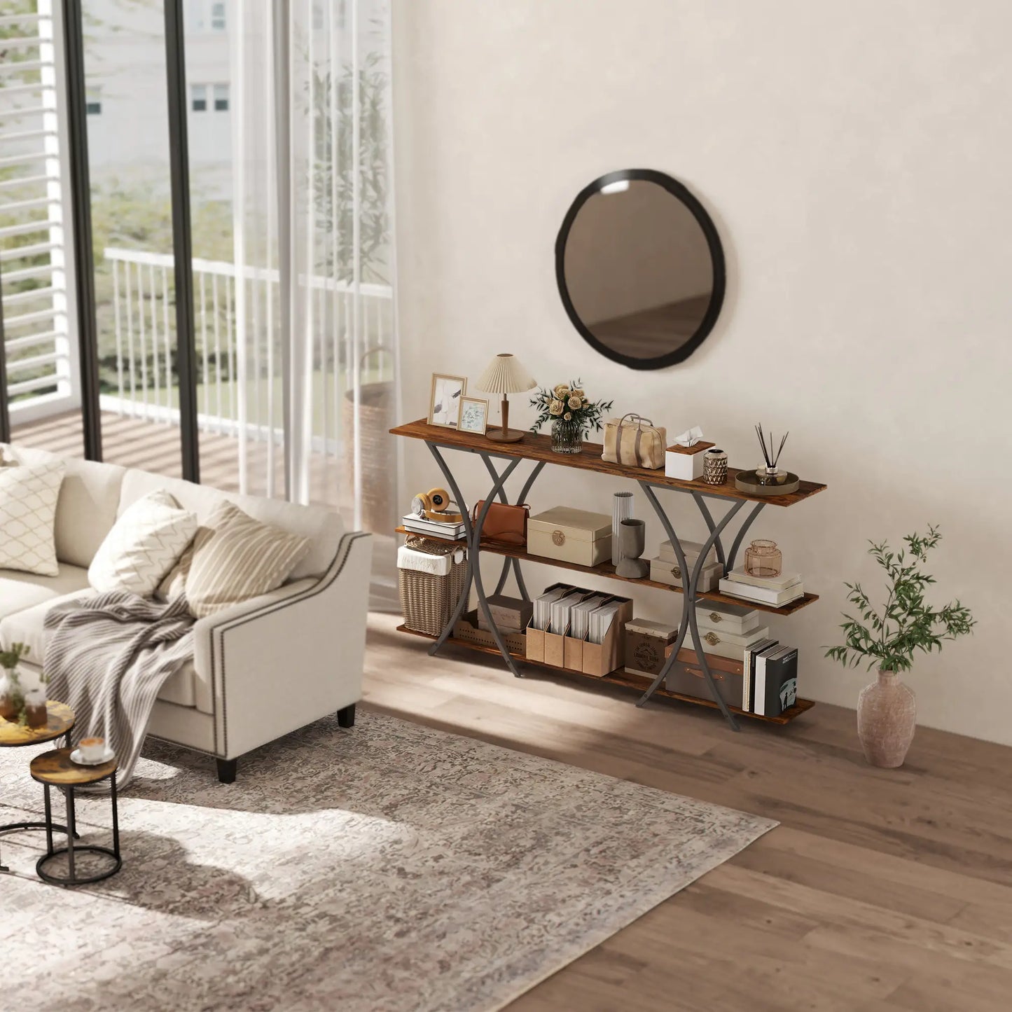 71 Inch Console Table, 3-Tier Industrial with 2 Shelves, Rustic Brown Console Tables at Gallery Canada