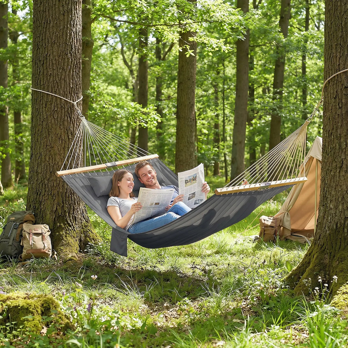 Padded Camping Hammock With Pillow, Spreader Bars, 200 x 140 cm, Grey Camping Hammocks at Gallery Canada