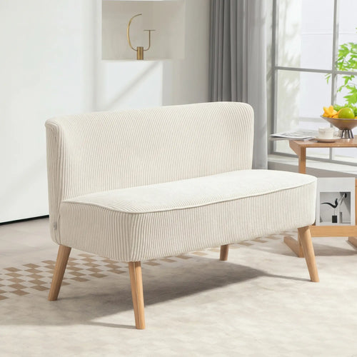 Modern 2 Seater Sofa, Upholstered Couch with Wood Legs, Cream White