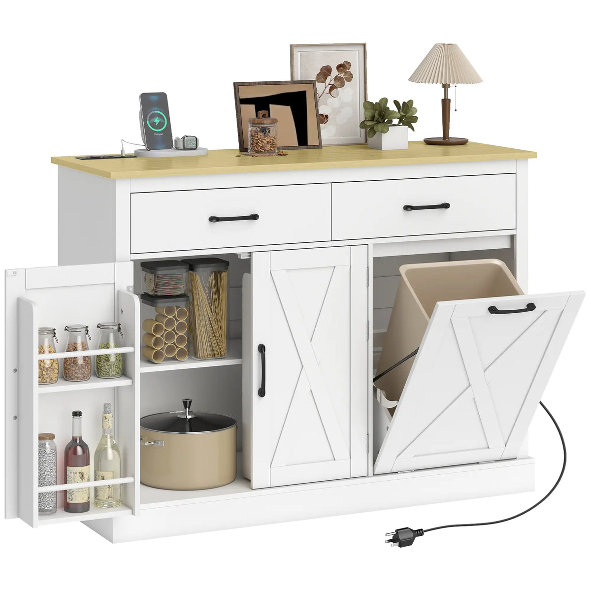 7 Gallon Tilt Out Garbage Cabinet, Kitchen Island With Charging Station, White