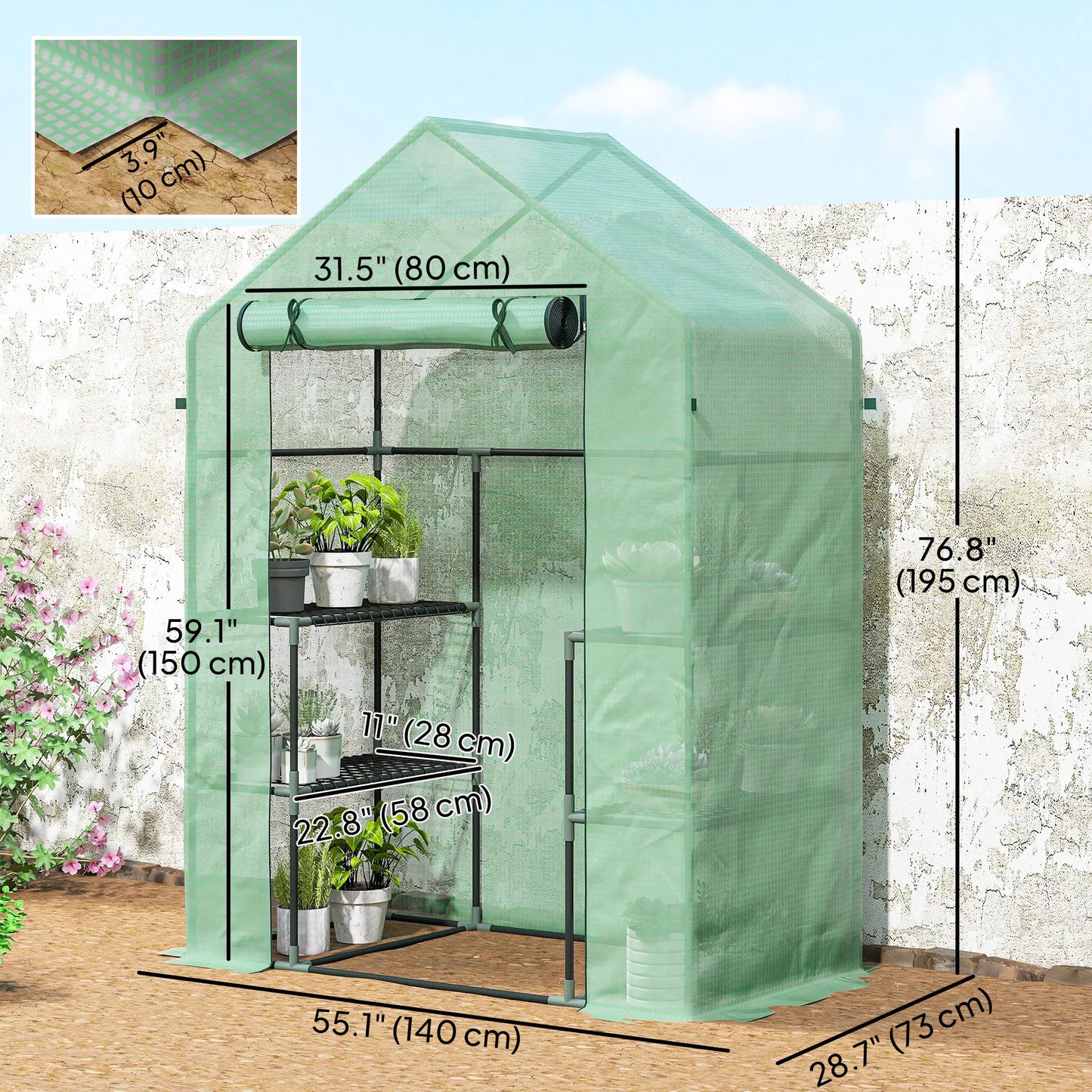 3-Tier Mini Greenhouse, 4 Shelves, Roll-Up Door, 56" x 29" x 77", Green Walk In Greenhouses at Gallery Canada