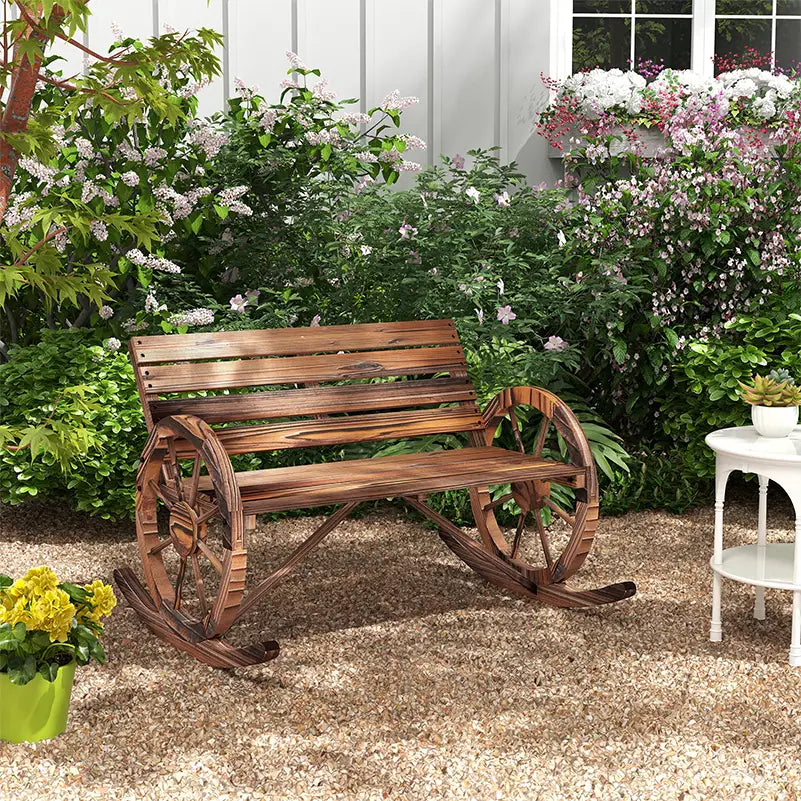 Wood Outdoor Loveseat, Carbonized, Wagon Wheel Armrests Outdoor Rocking Chairs at Gallery Canada