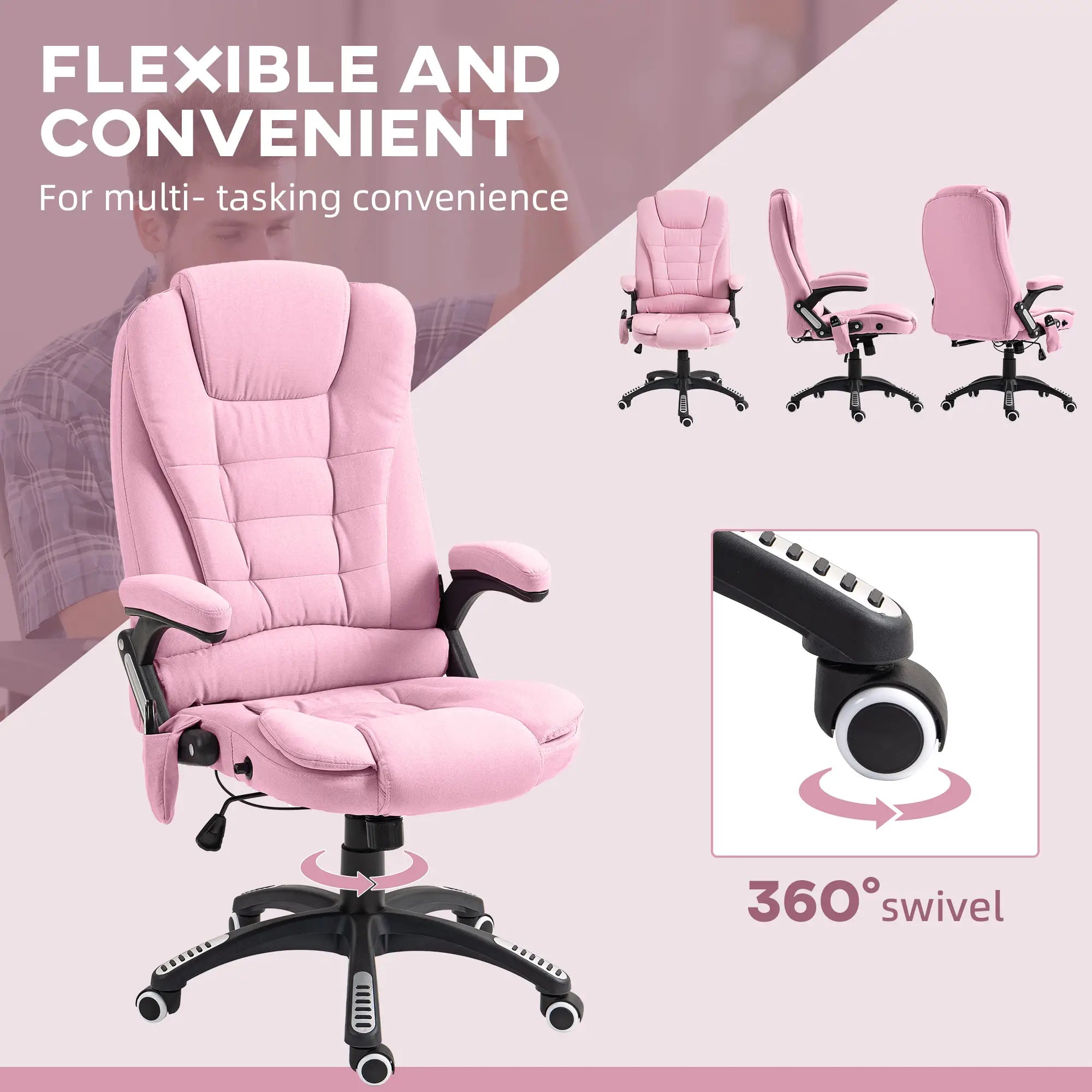6 Point Vibrating Massage Chair, High Back Executive, Reclining, Swivel Wheels, Pink Massage Chairs at Gallery Canada