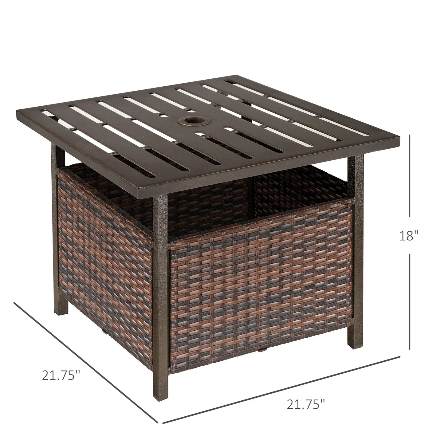 21.75" Outdoor Rattan Coffee Table, Umbrella Hole, Slatted Metal Top, Brown Patio Side Tables at Gallery Canada