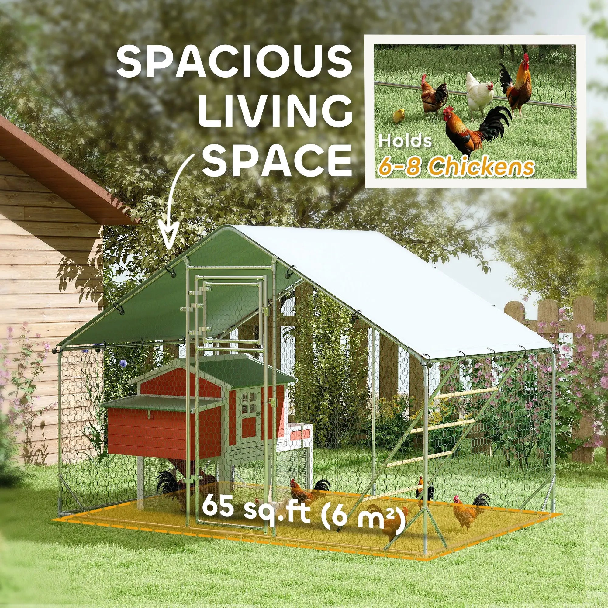 Large Metal Chicken Run, Waterproof UV-Resistant Cover, Feeding Door, Hanging Feeder, Perch for 6-8 Chickens Chicken Coops at Gallery Canada