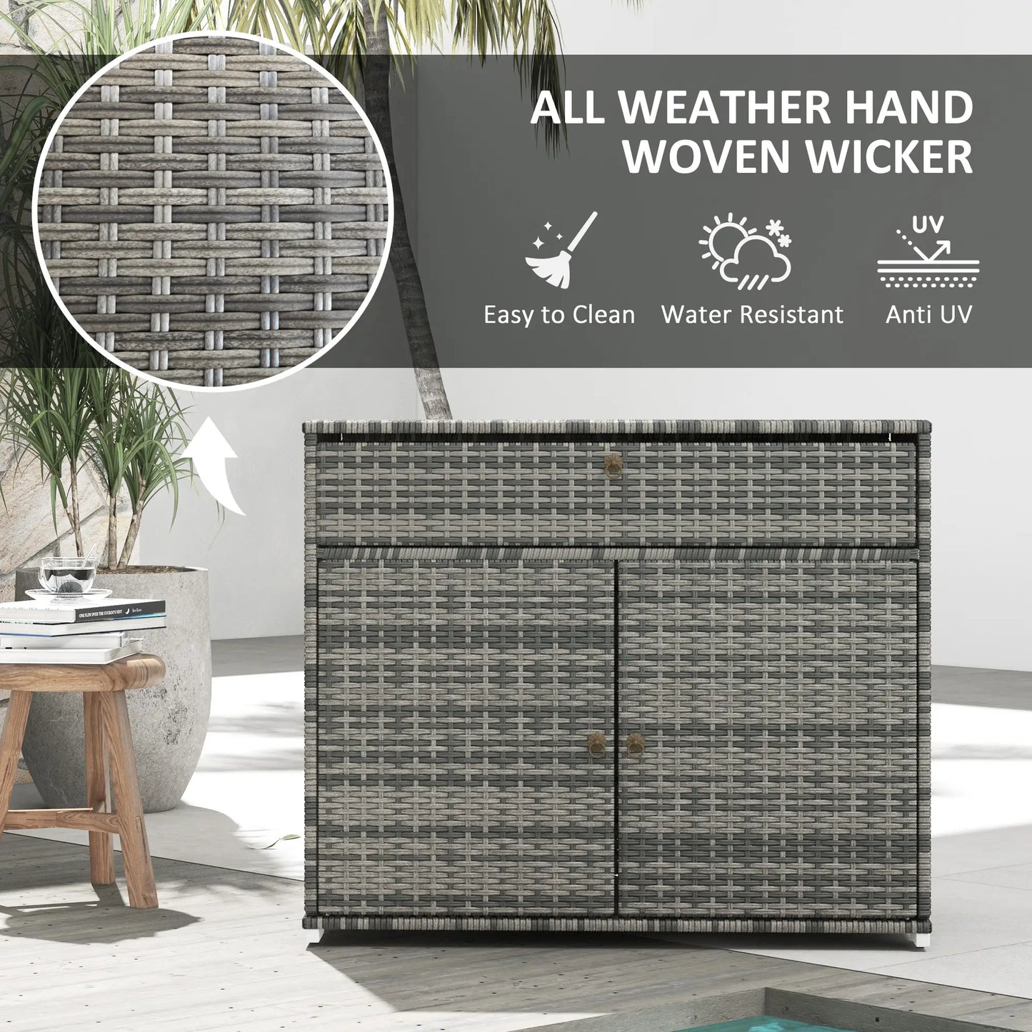 Outdoor Storage Cabinet, Wicker 2-Door, PE Rattan, Grey Patio Storage Boxes at Gallery Canada