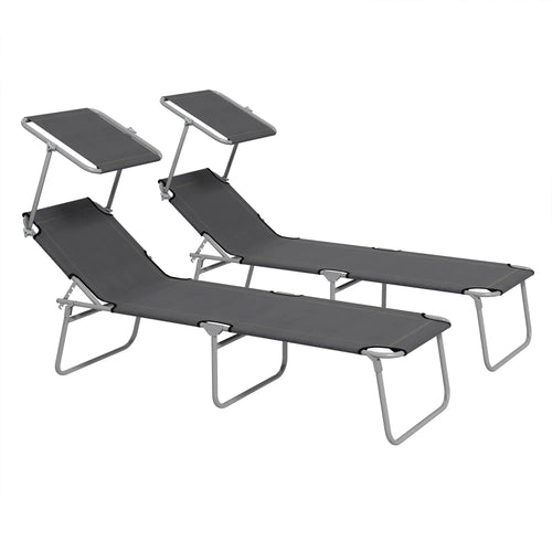Outdoor Lounge Chair, Adjustable Folding Chaise With Sun Shade, Grey