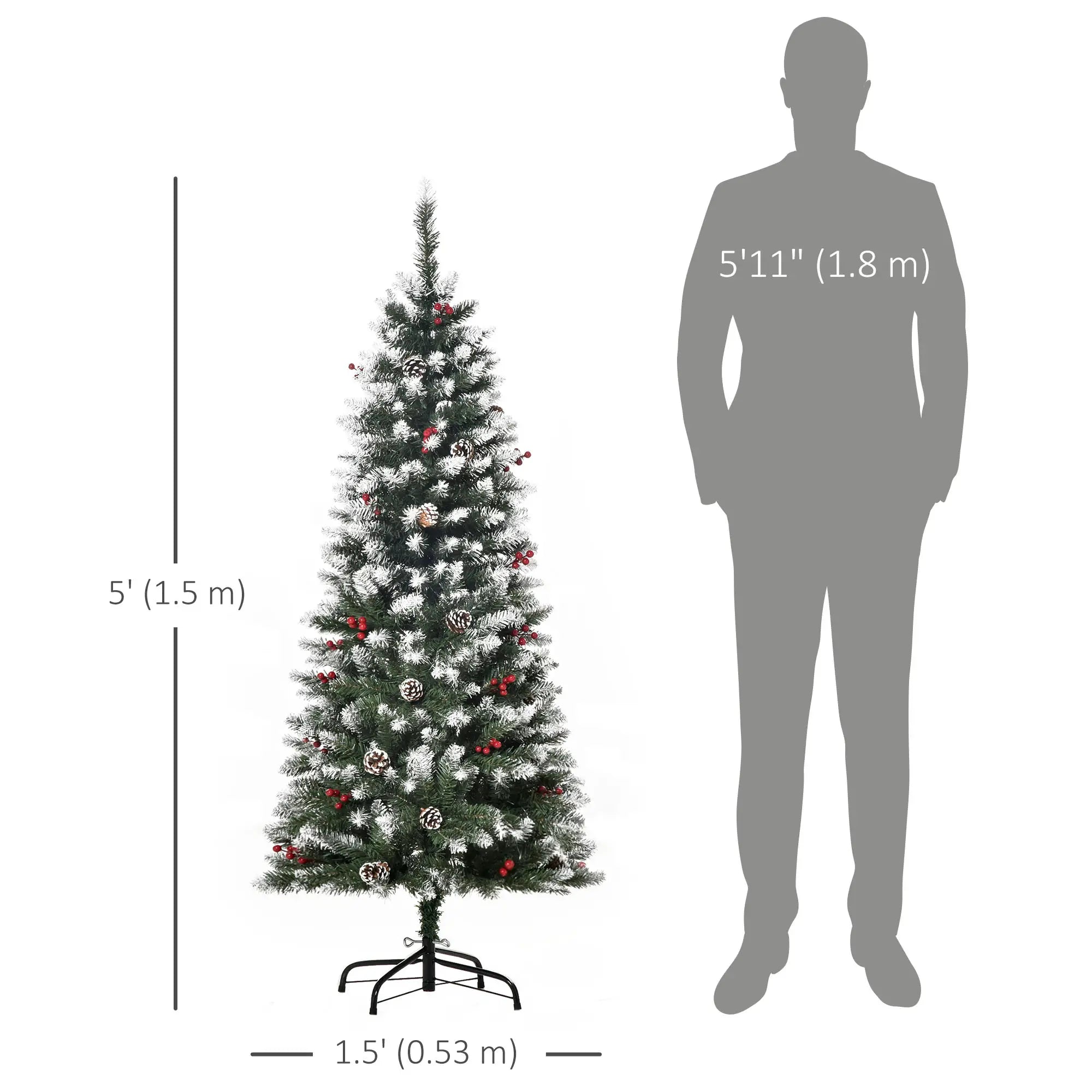 5ft Flocked Christmas Tree, Red Berries Pine Cones, Pencil Shape, Green Pencil Christmas Trees at Gallery Canada