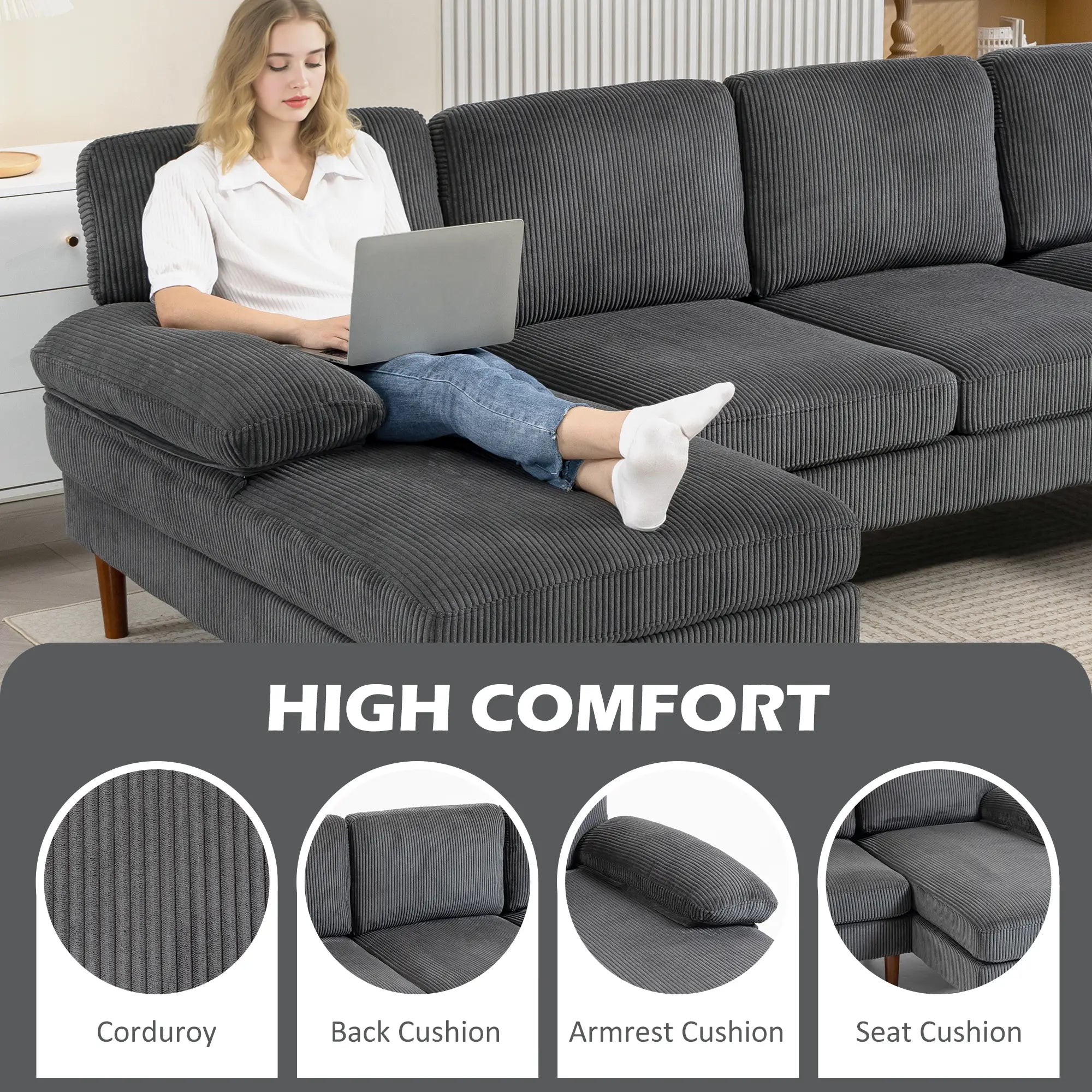 U Shape Couch with Double Chaise, Modern 4 Seater Sofa, Dark Grey 3-Seater Sofas at Gallery Canada