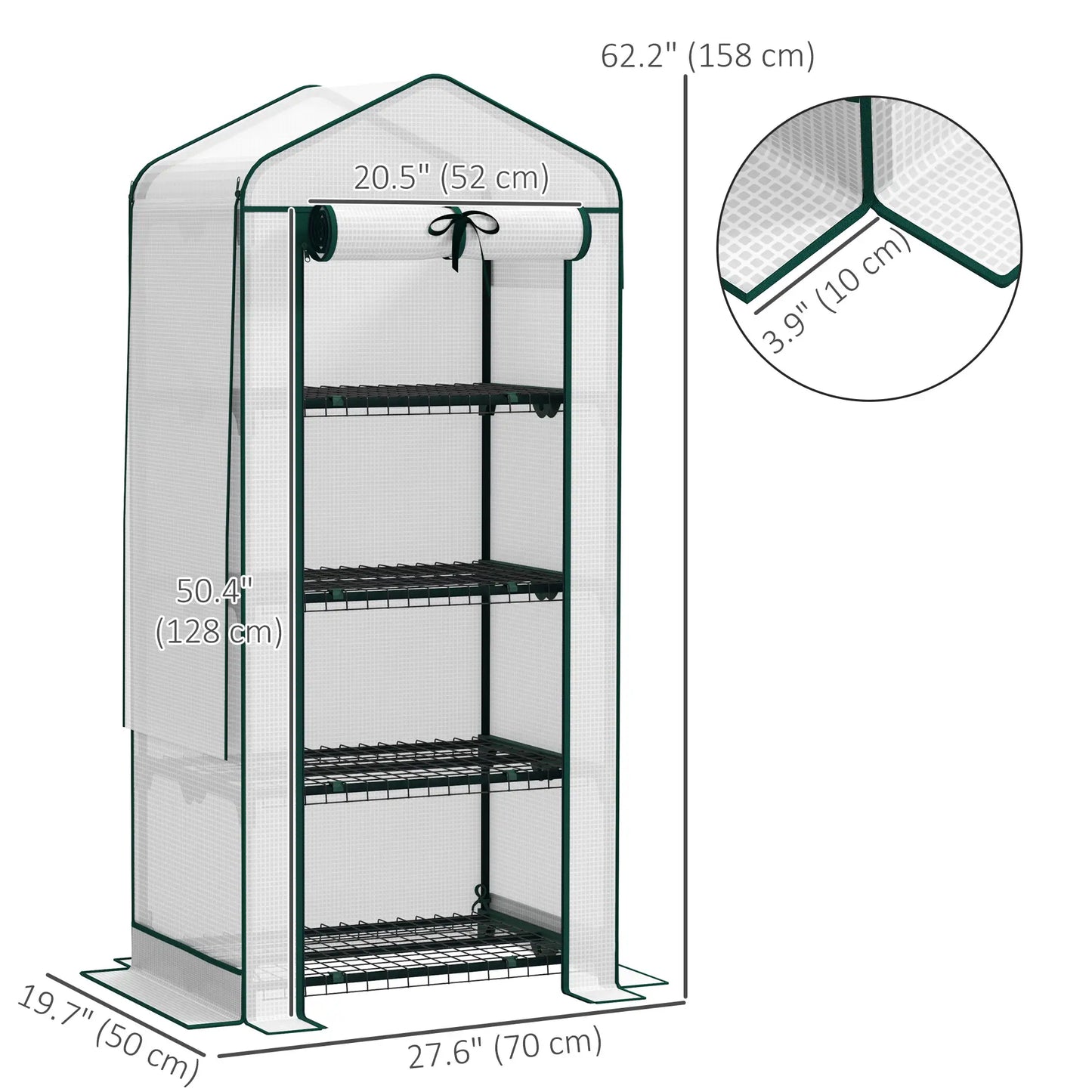 Mini Greenhouse, 27.6" x 19.7" x 62.2", Screen Roof, Roll-Up Door, White