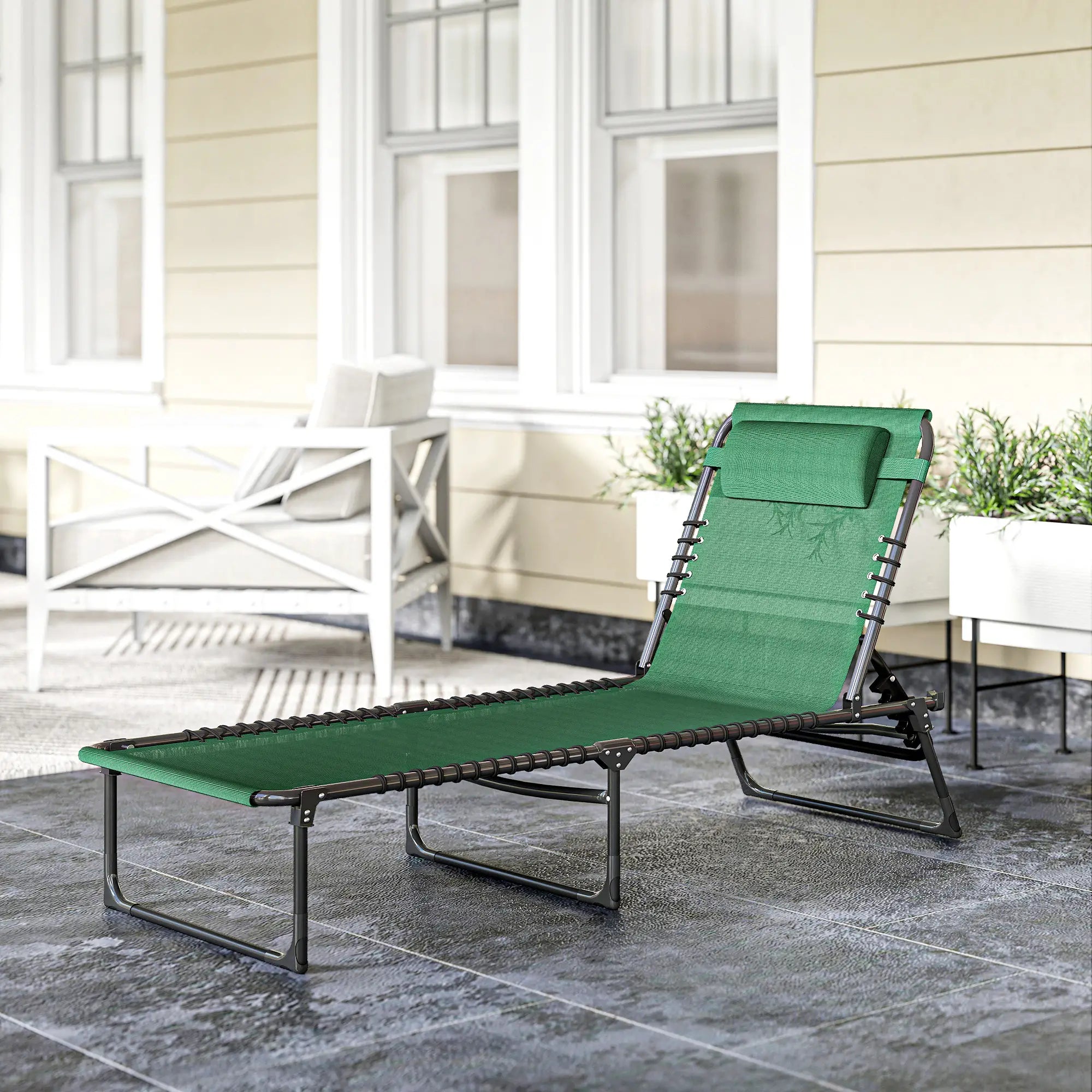 Folding Lounge Chair, Adjustable Chaise With Headrest, Reclining Cot, Green Lounger Chairs at Gallery Canada