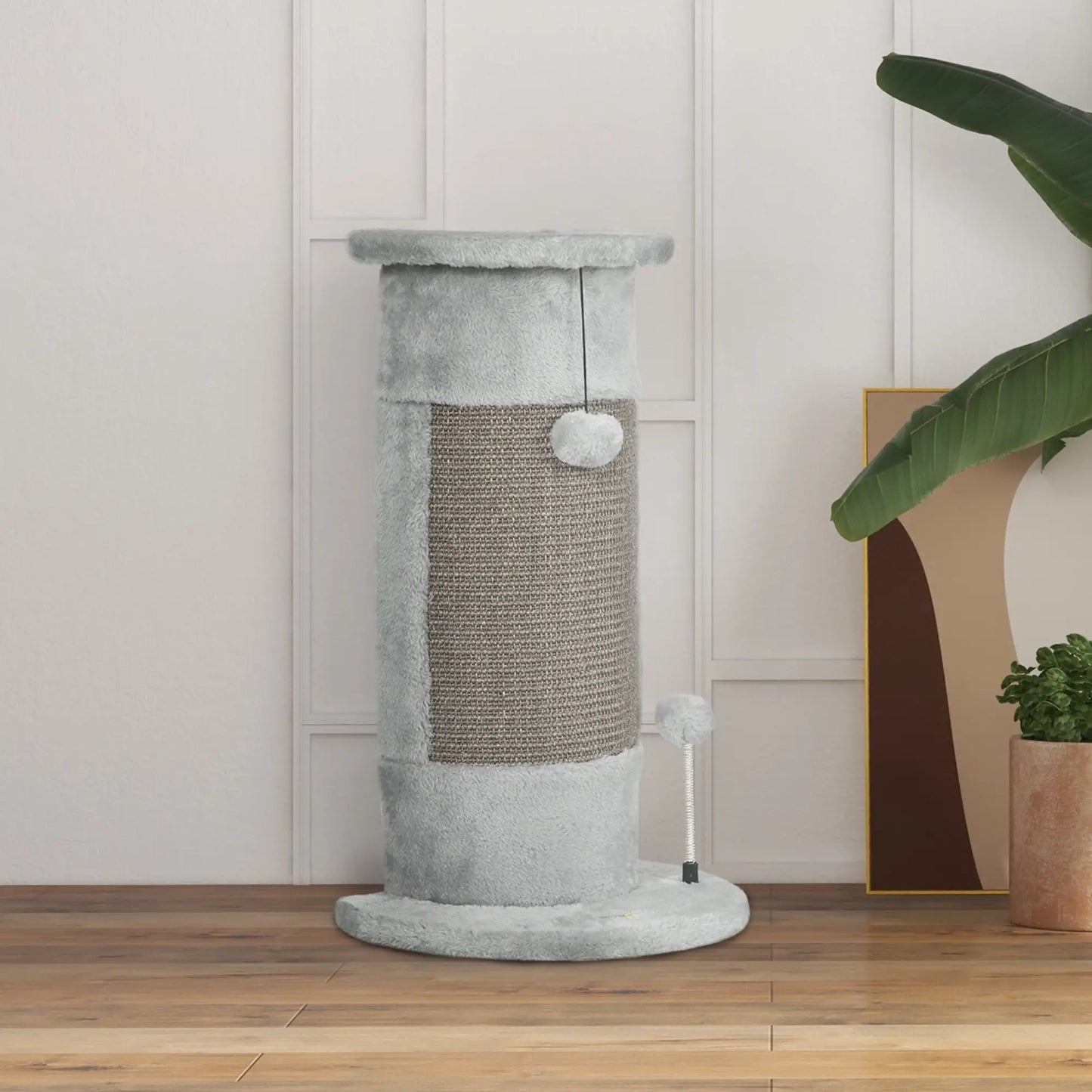 23" Cat Scratching Post, Covered Plush, Play Balls, Indoor Cats, Grey Cat Posts at Gallery Canada