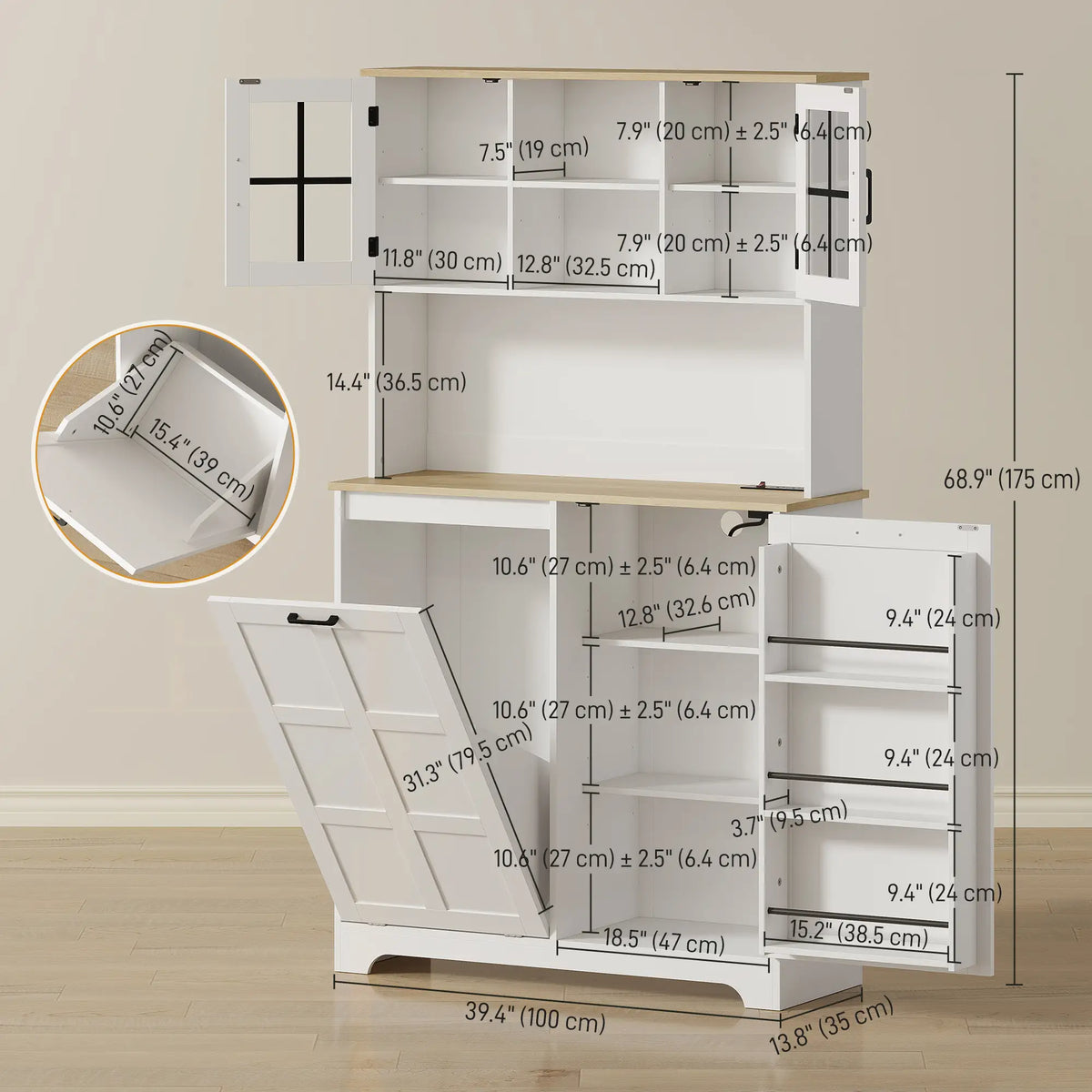 Kitchen Pantry Cabinet, 7 Gallon Trash Can, Adjustable Shelves, White Kitchen Pantry Cabinets at Gallery Canada