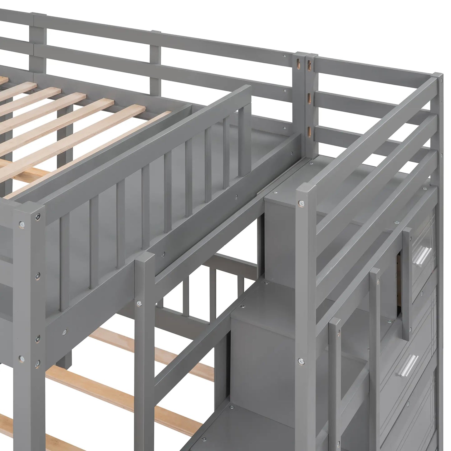 Twin Over Full Bunk Bed with Drawers, Guardrails, Pine Frame, 115" L x 76" W x 64.5" H, Grey Bed Frames at Gallery Canada