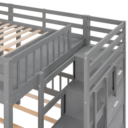 Twin Over Full Bunk Bed with Drawers, Guardrails, Pine Frame, 115" L x 76" W x 64.5" H, Grey Bed Frames at Gallery Canada