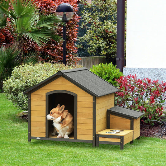 Wooden Dog House Outdoor, Cabin Style Raised Pet Home Cottage, with Bowls, Weather Resistant Roof, Storage Box, for Medium Sized Dog, Natural Wood - Gallery Canada