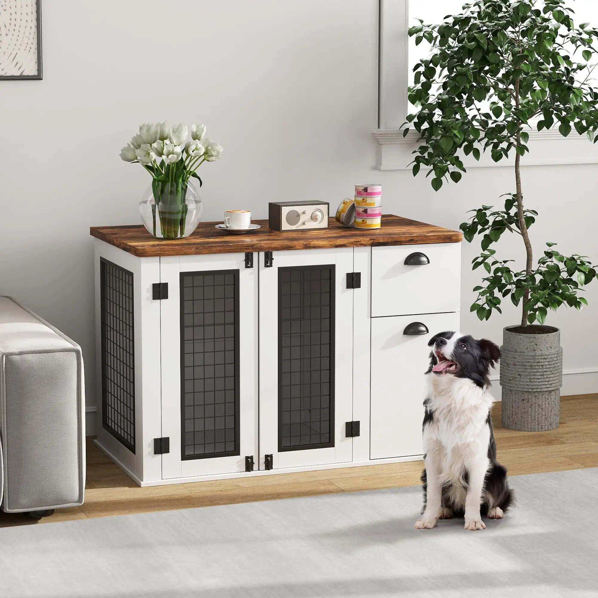 44 Dog Crate with Double Doors, Storage Drawer, White Houses, Kennels & Pens at Gallery Canada