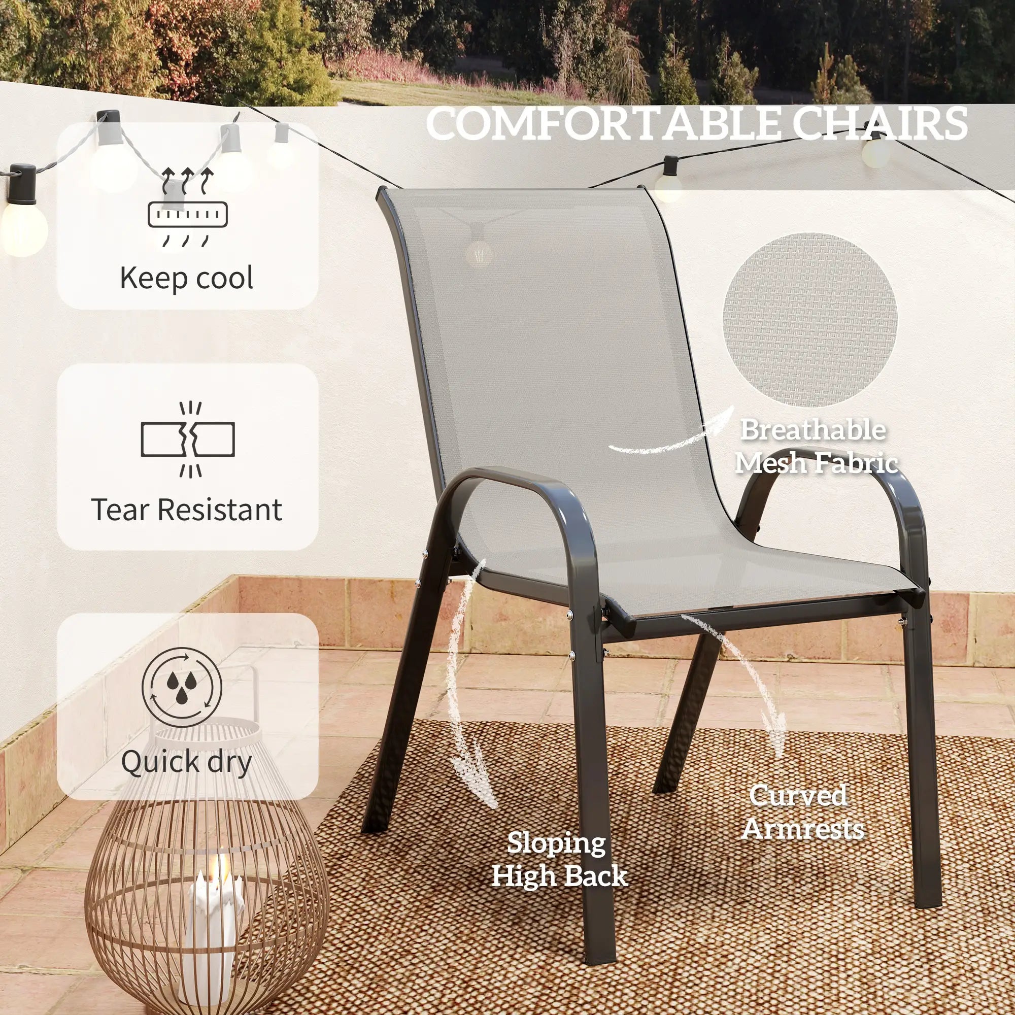 3 Piece Bistro Set, Small Patio Furniture, Stackable Mesh Chairs, Glass Table, Light Grey Bistro Sets at Gallery Canada