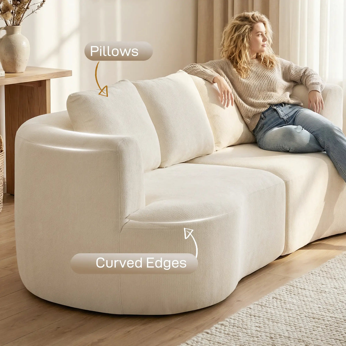 3 Seater Sofa, 102" Cream White, Chenille Couch With Spring Cushions, Cream White 3-Seater Sofas at Gallery Canada
