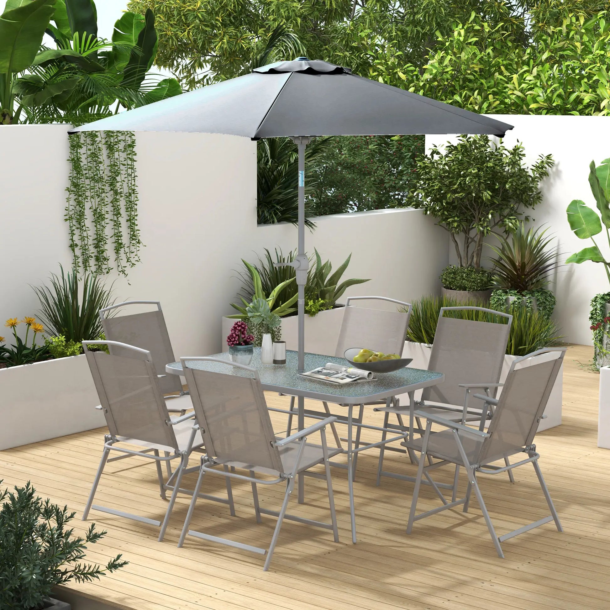 8 Piece Patio Dining Set, 6 Folding Chairs, Rectangle Table, Grey Outdoor Dining Sets at Gallery Canada