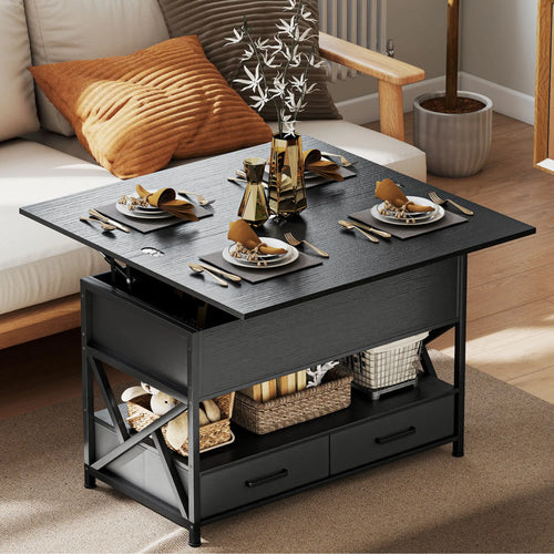 Modern Lift Top Coffee Table, Fabric Drawers, Hidden Storage, Distressed Black