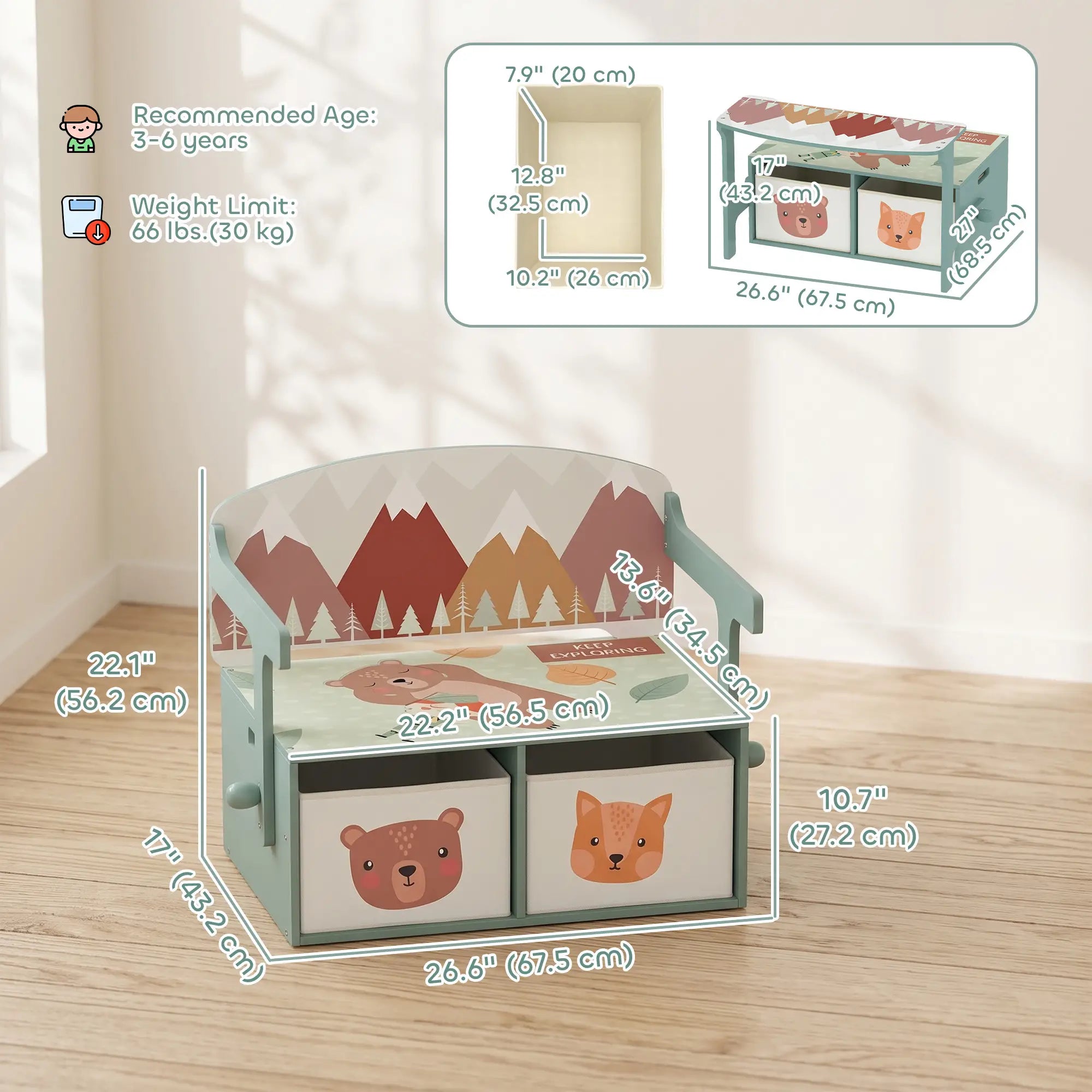 3-in-1 Wooden Toy Storage Bench, 2 Drawers, Green Baby & Kids Storage at Gallery Canada