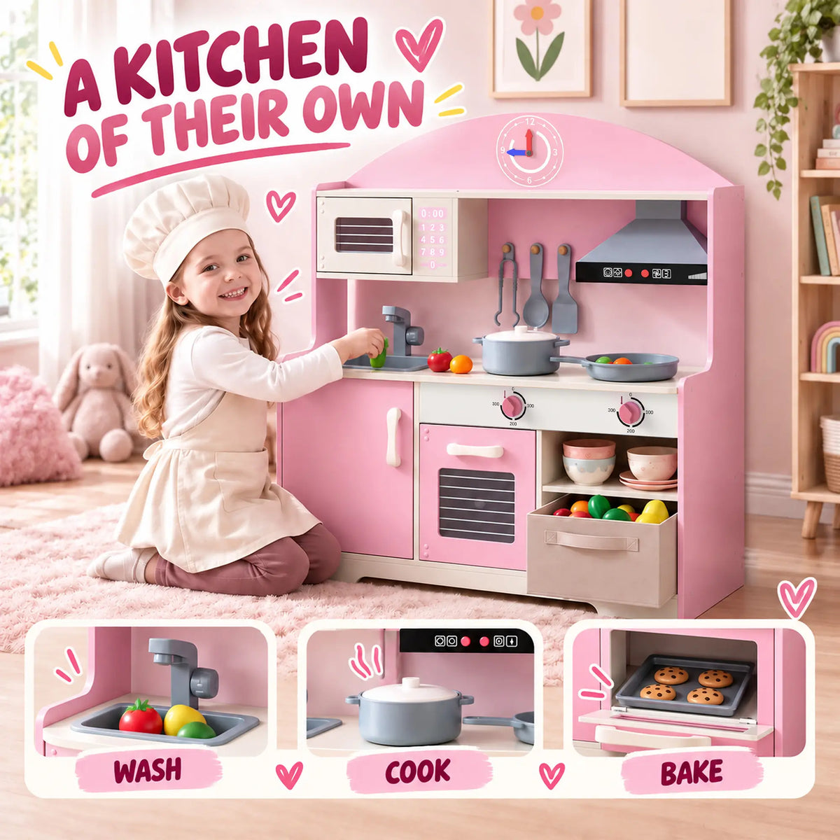 Kids Wooden Play Kitchen Set, Lights Sounds, 5pcs, Ages 3-6, Pink