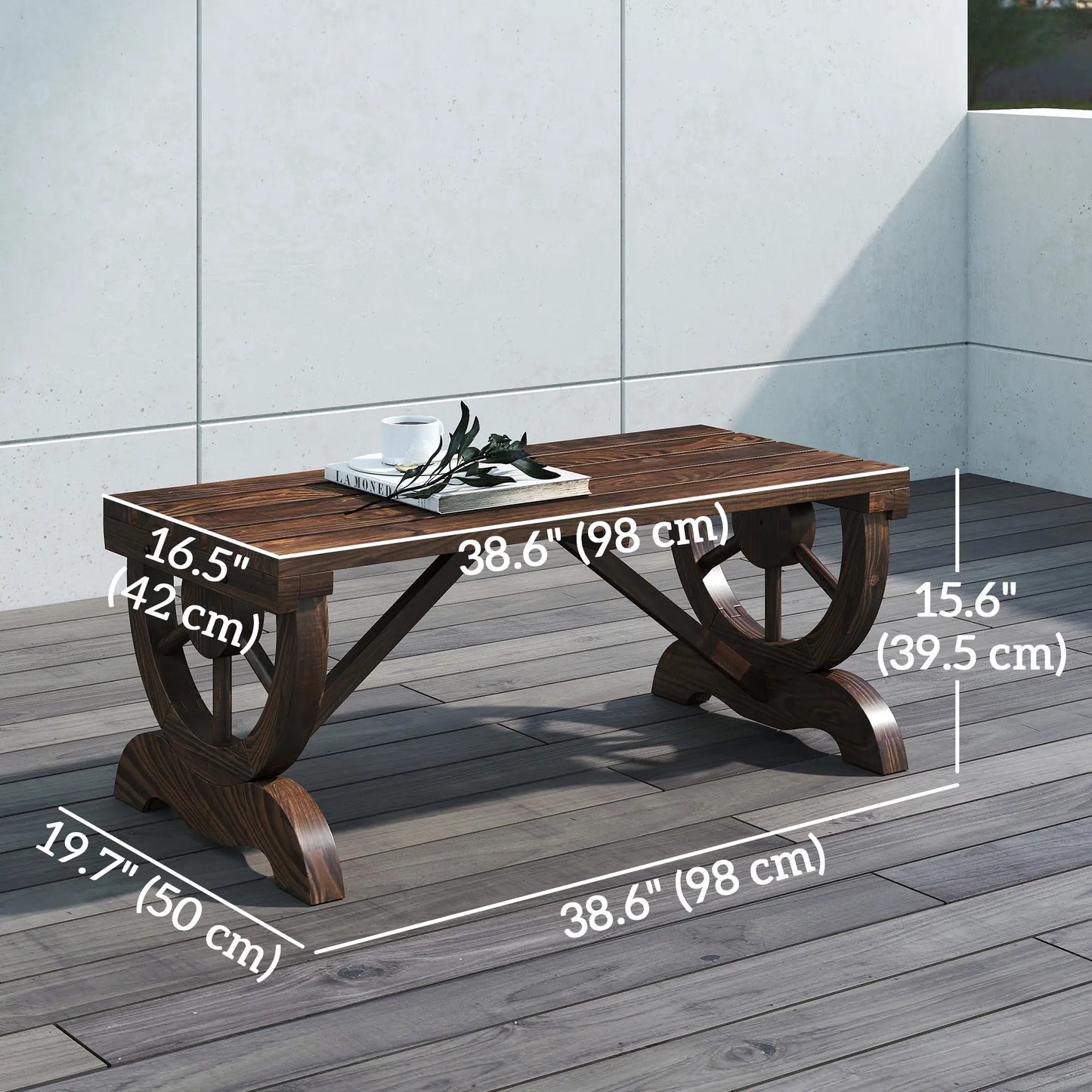 Rustic Wood Wheel Outdoor Garden Bench, 2-Person, Brown Outdoor Benches at Gallery Canada