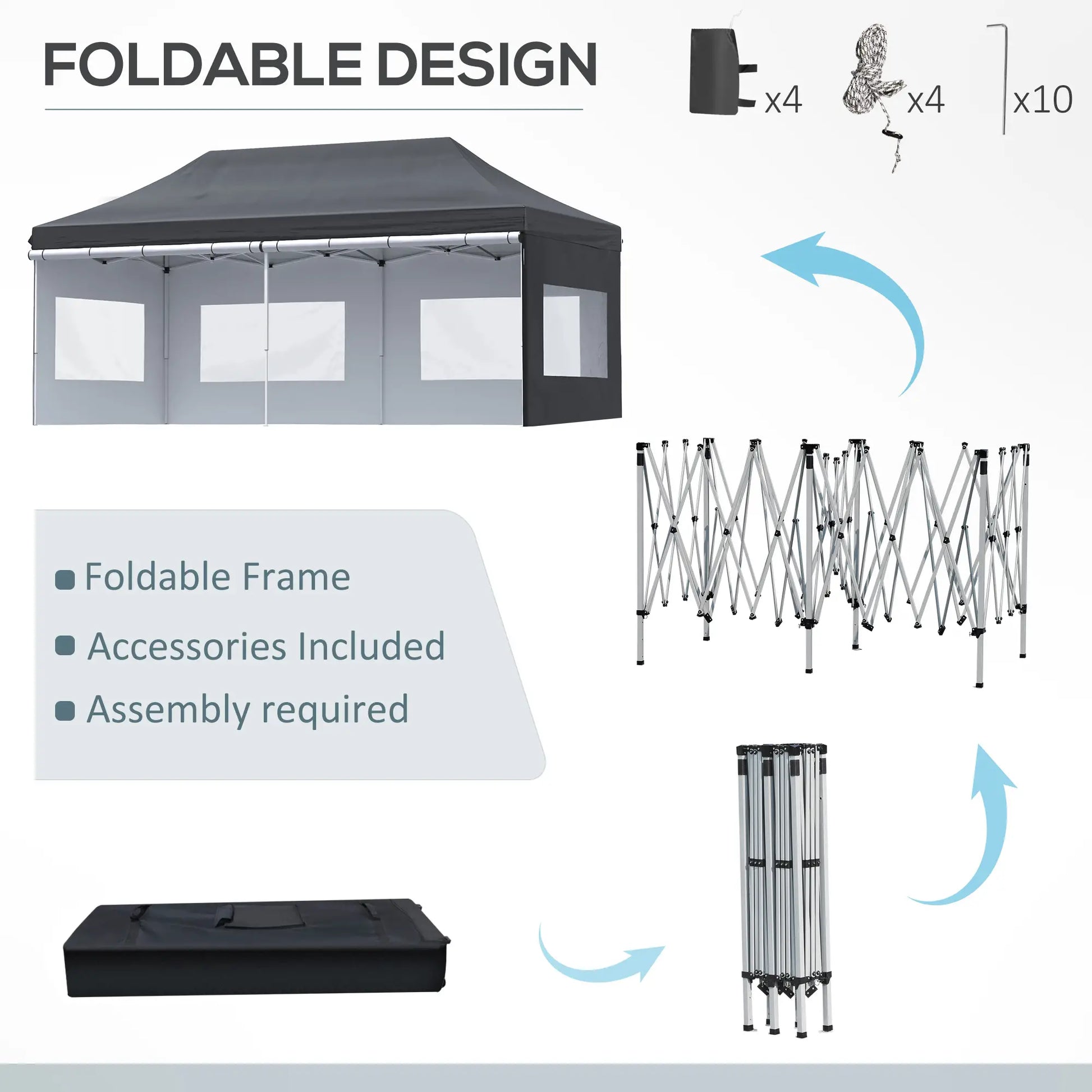 20' x 10' Folding Canopy Tent, Sidewalls, Windows, Black Pop Up Canopies at Gallery Canada