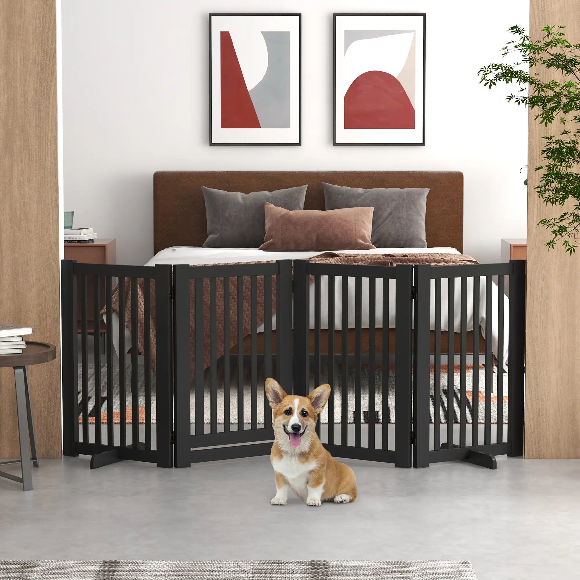 4 Panel Wooden Pet Gate, Free Standing, Open Door, Black Houses, Kennels & Pens at Gallery Canada
