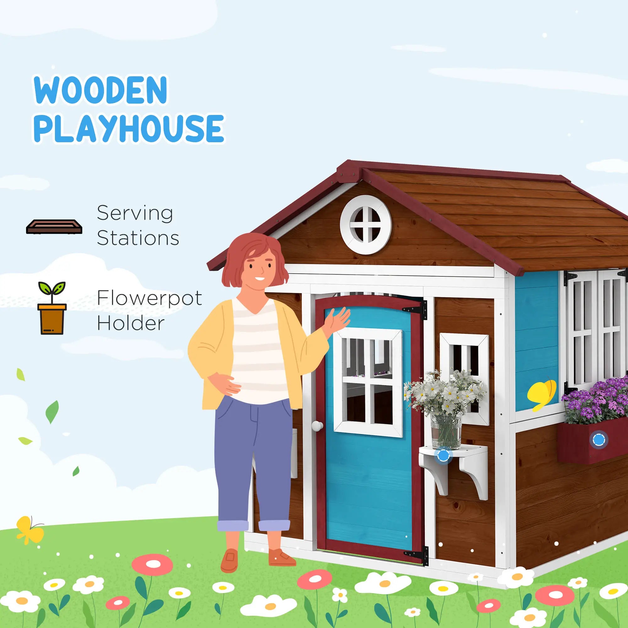 Wooden Playhouse for Kids Outdoor with Door, Windows, Planter Pots and Boxes for Toddlers 3-8 Years, Beige Play Houses at Gallery Canada