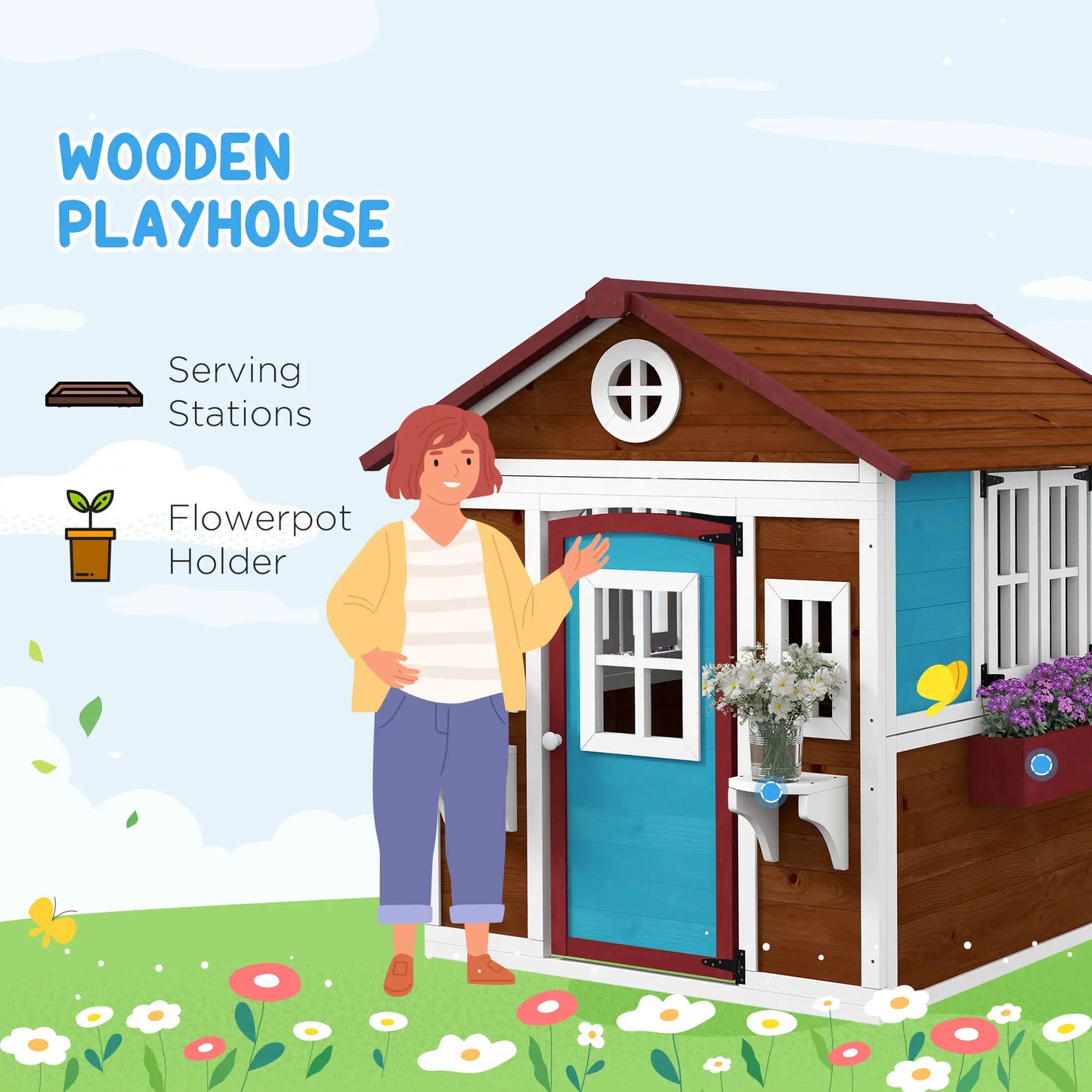 Wooden Playhouse for Kids Outdoor with Door, Windows, Planter Pots and Boxes for Toddlers 3-8 Years, Beige Play Houses at Gallery Canada