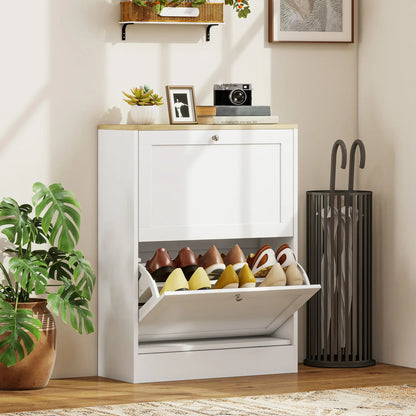 Slim Shoe Storage Cabinet, 2 Flip Drawers, Adjustable Shelves for 12 Pairs, White Shoe Storage Cabinets & Racks at Gallery Canada