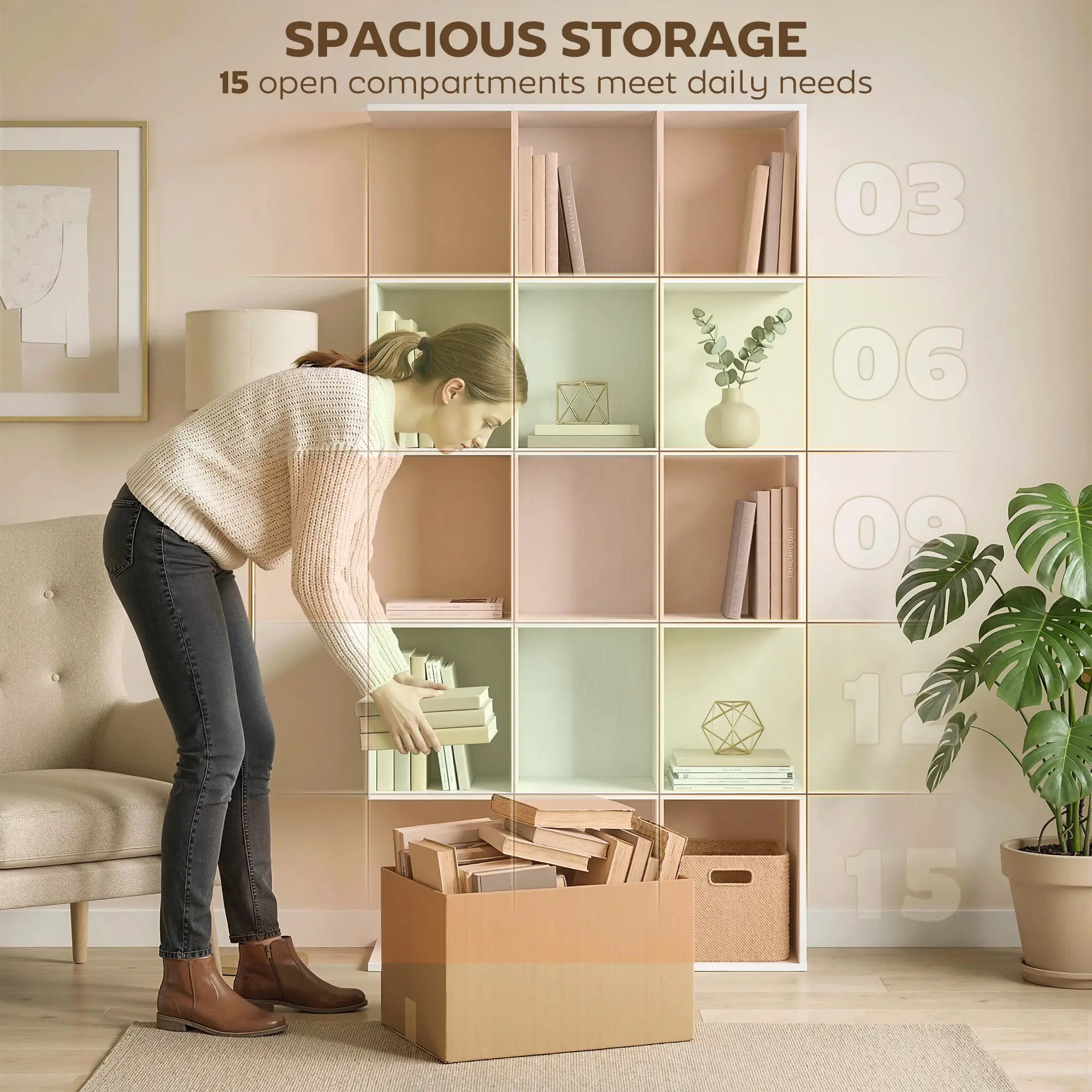 S-Shaped 5-Tier Bookshelf, 15 Compartments, White Wood Grain, White Display Bookshelves at Gallery Canada