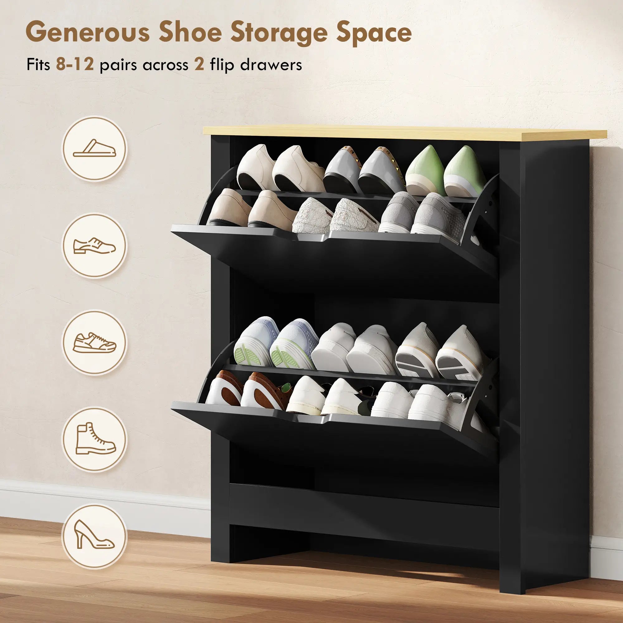 Shoe Storage Cabinet, 2 Flip Drawers, Adjustable Shelves, 8-12 Pairs, Black Shoe Storage Cabinets & Racks at Gallery Canada