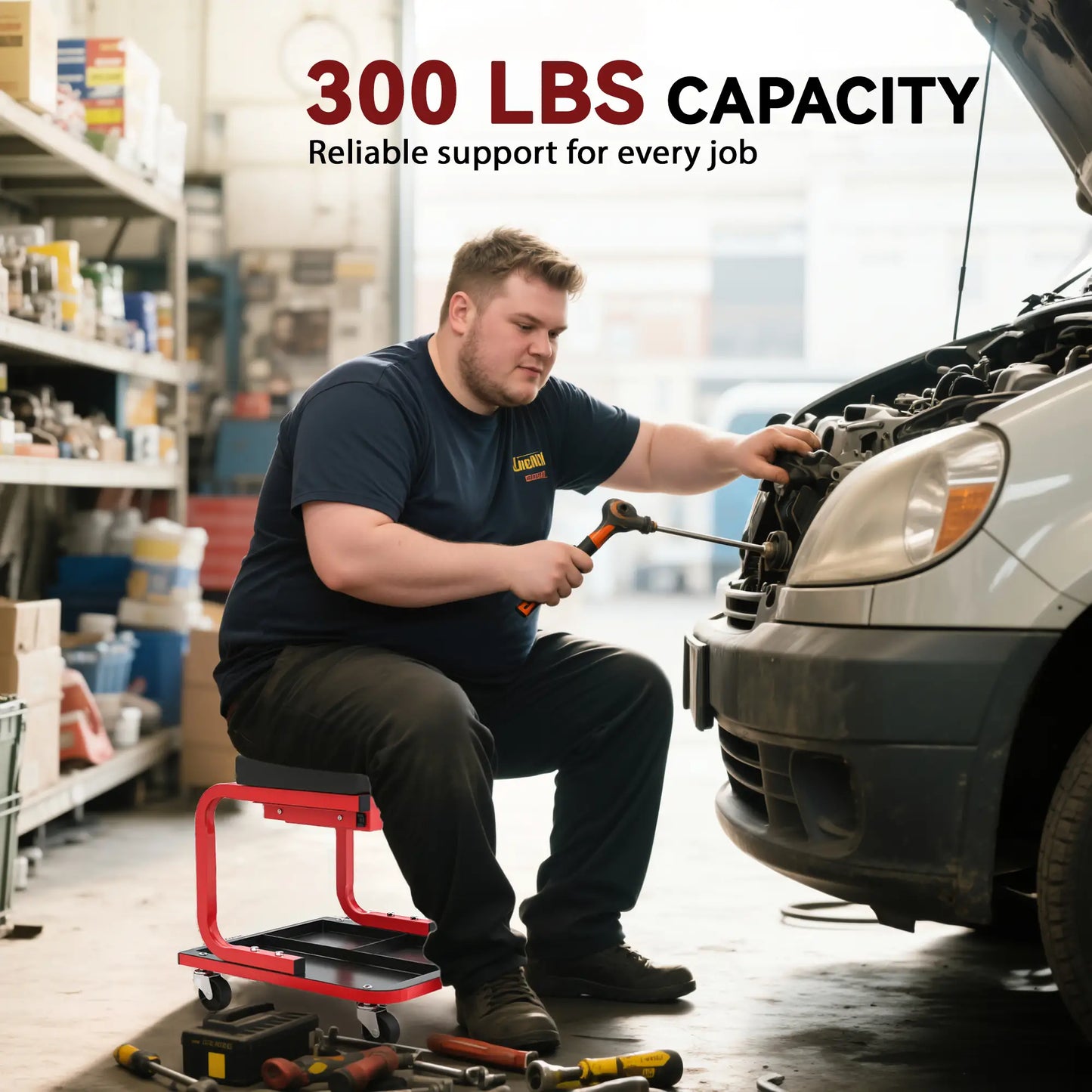 Rolling Garage Stool, 300 LBS Capacity, Tool Trays, Drawer, Black Automotive at Gallery Canada